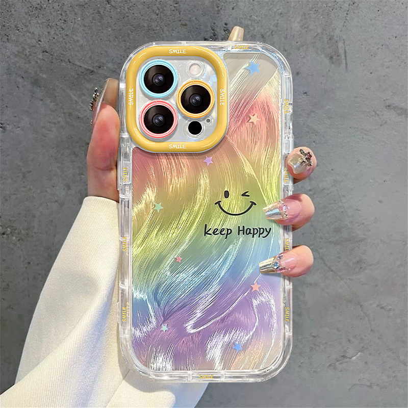 Smudged Rainbow Smiley Face Suitable for Apple 16Promax Mobile Phone Case 15 Feather Yarn Cream Case 14 High-End 13 Niche