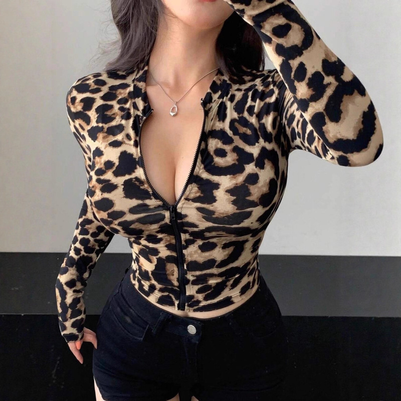 2025 European and American Cross-Border Autum New Long-Sleeved Tops Short Leopard Print Zipper Sexy Cardigan Bottoming Jacket for Women