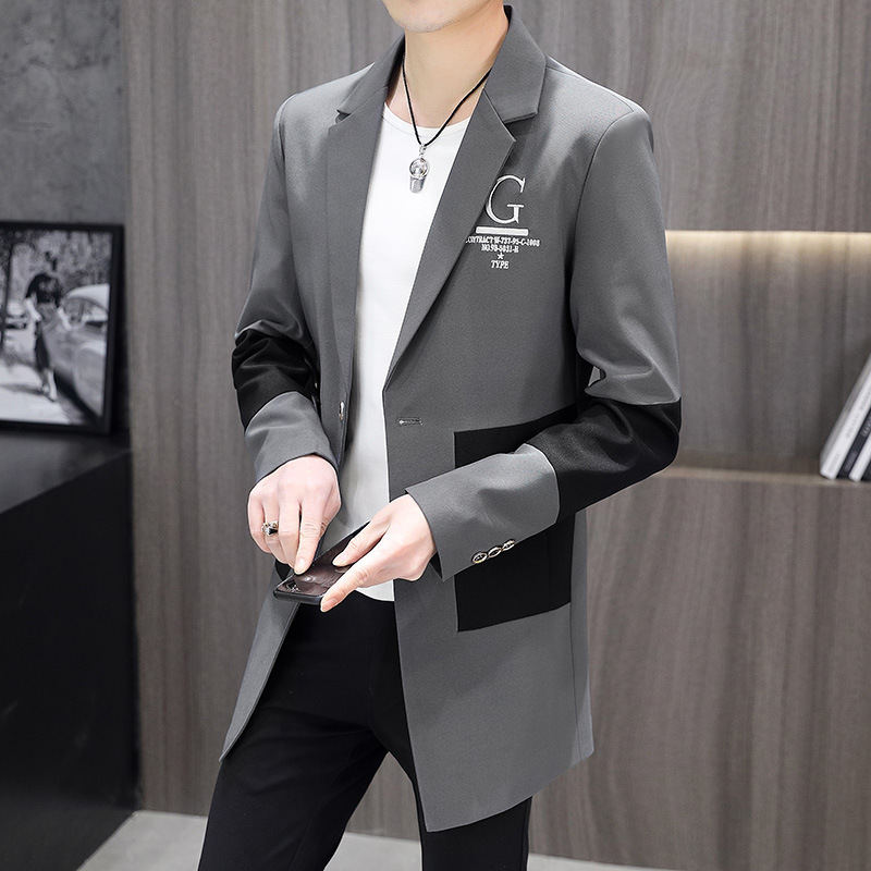 Mid-length windbreaker men's 21 spring and autumn color matching casual jacket Korean-style slim-fit trendy student handsome suit top Mid-length windbreaker men's 21 spring and autumn color matching casual jacket Korean-style slim-fit trendy student handsome suit top
