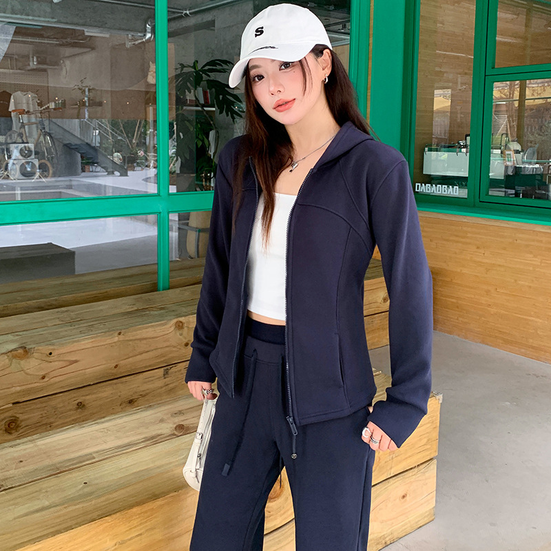 2025 New Casual Sports Suit Autumn and Winter Lulu Same Style Jacket Women's Hooded Running Top Fitness Two-Piece Set