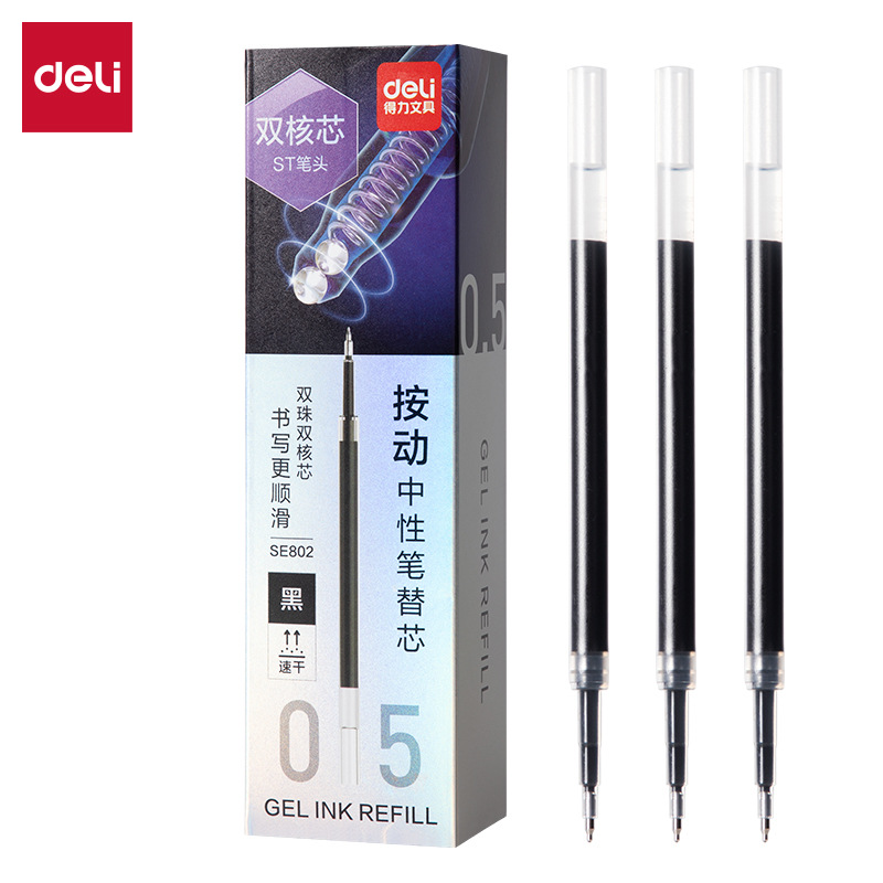 Deli Retractable Gel Pen Refill Se802 Hexagonal Quick-Dry 0.5mm Dual Ballpoint St Tip Black Ink Pen Refill