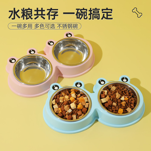 Home Pet Cute Cartoon Frog Two-in-One Pet Dual Bowl Food Set Sufficient Stock Stainless Steel Cat Bowl Dog Bowl