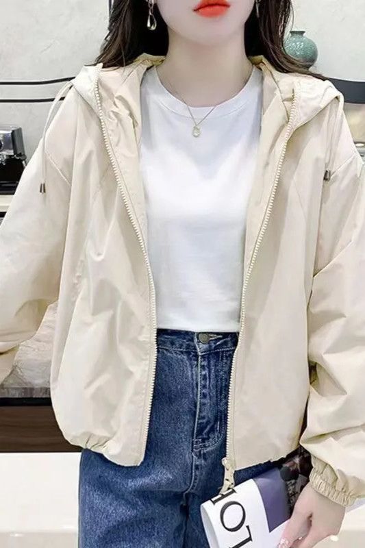 连帽短款纯色小个子冲锋衣外套女春秋宽松休闲夹克双拉链潮流上衣|undefined