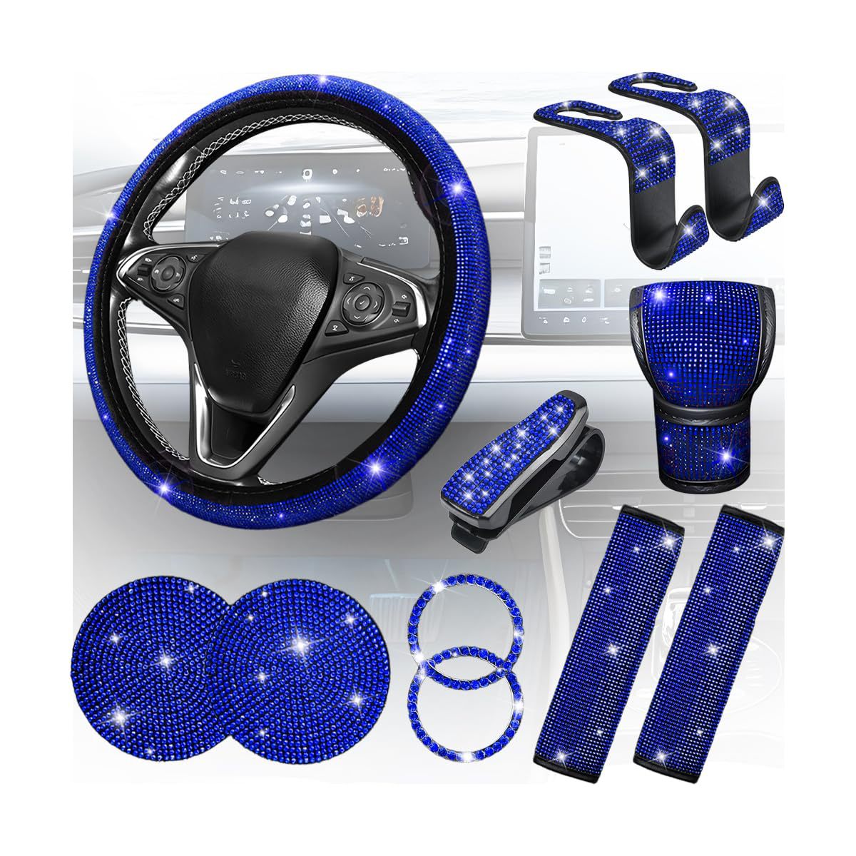 11-Piece Car Interior Set with Diamond-Encrusted Steering Wheel Cover, Car Hook, Glasses Holder, One-Touch Start Ring