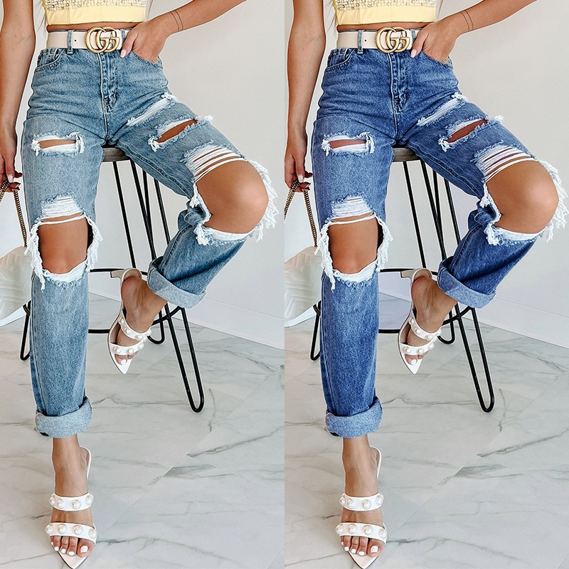 Fábrica directa Americana recta de las mujeres jeans cintura alta adelgazamiento 2022 nuevo comercio exterior europeo rasgado jeans