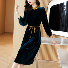 真丝丝绒连衣裙女2025秋冬季新款洋气Polo领淑女收腰显瘦长袖裙子