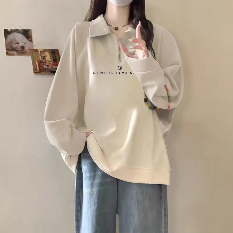 Autumn and winter plus-size slimming American retro polo collar loose thin half-zip sweatshirt top