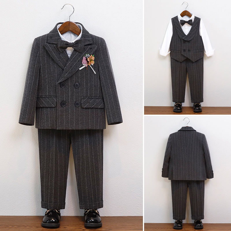 Boys' Suit British Striped Suit Children's Speech Host Piano Performance Suit Baby One-year-old Flower Boy's Dress