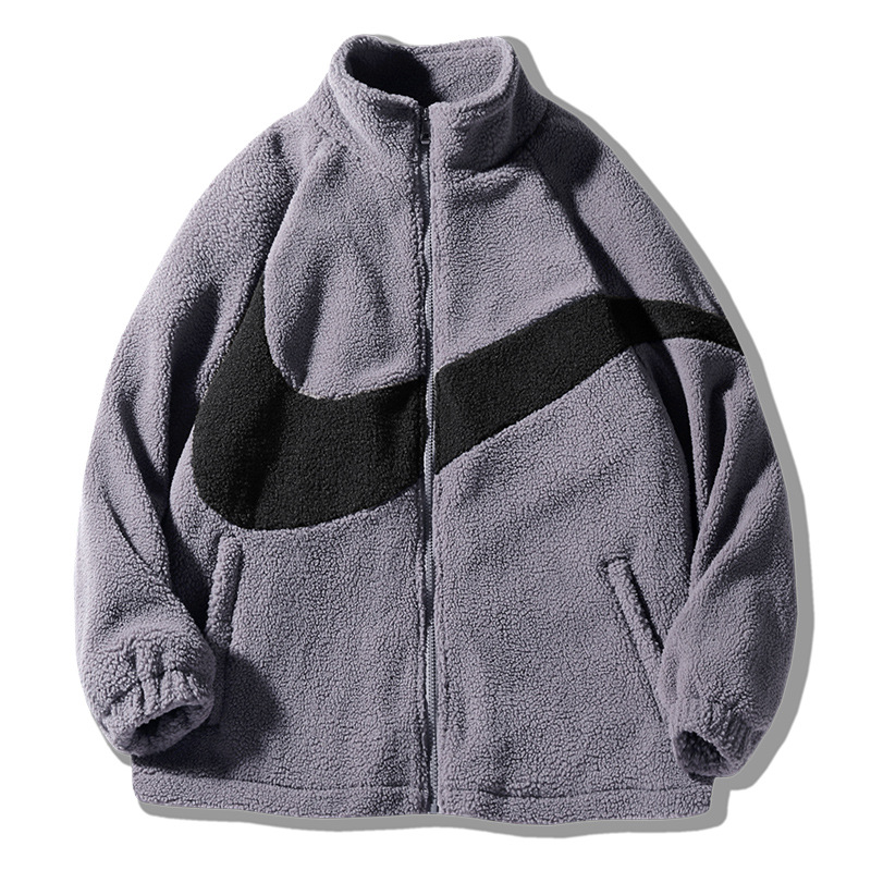 Sports plush for men with large hook stitching, double-sided plush, hooded, warm and trendy fleece jacket