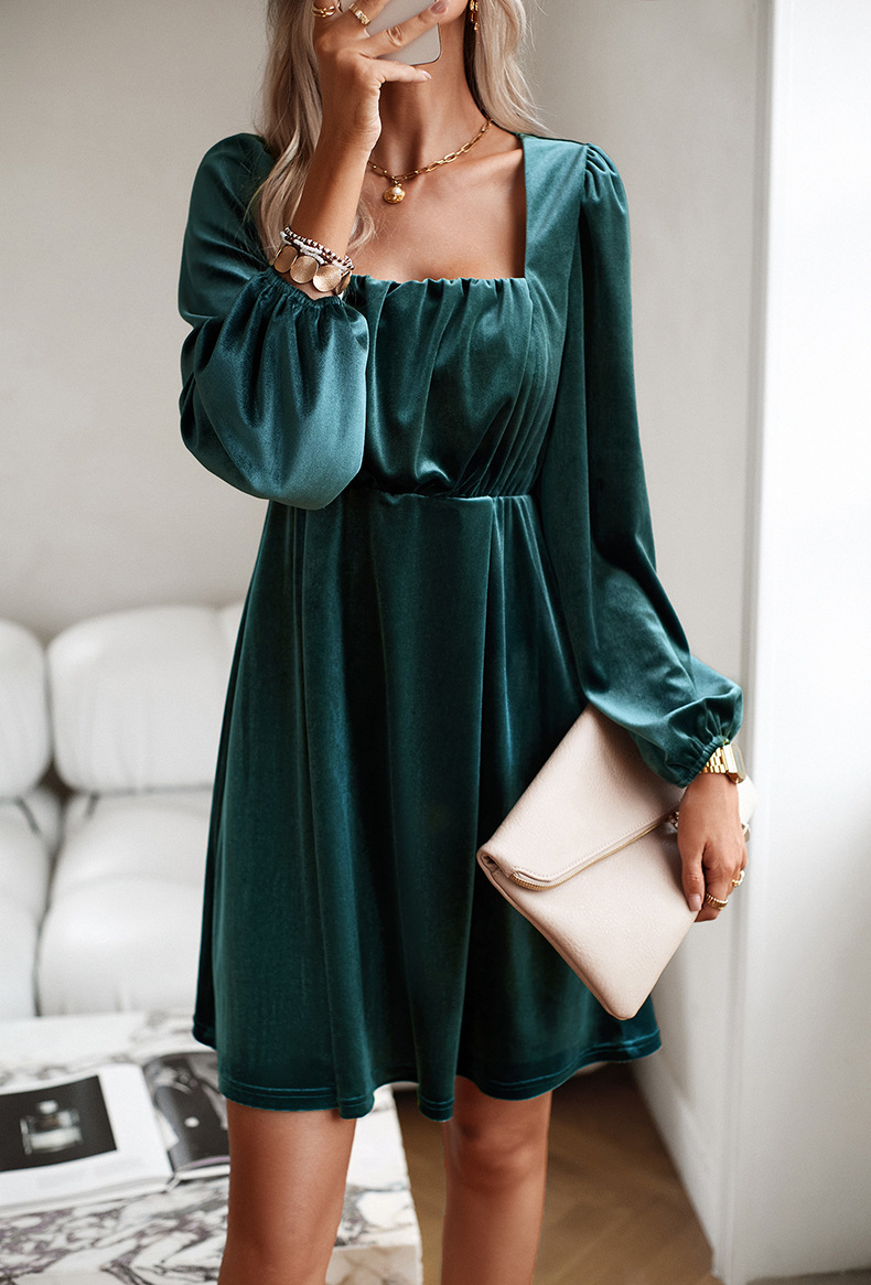 Solid Color Pattern Autumn Season Women's Regular Dress Elegant Square Neck Long Sleeve Solid Color Midi Dress Party