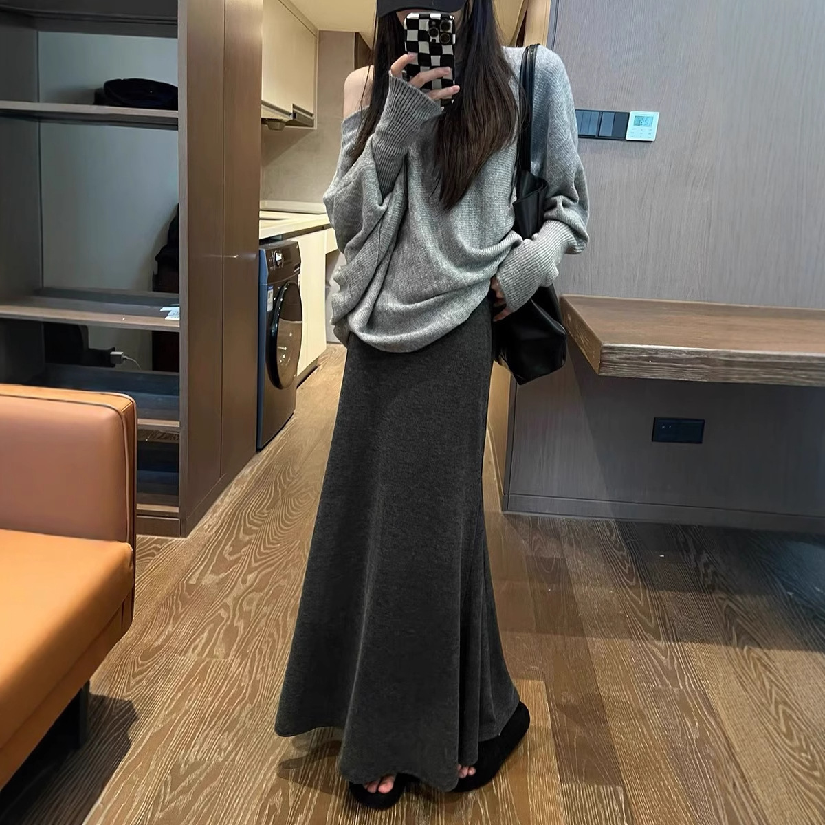 灰色鱼尾裙女秋冬季长裙百搭气质a字包臀显瘦针织半身裙中长款裙