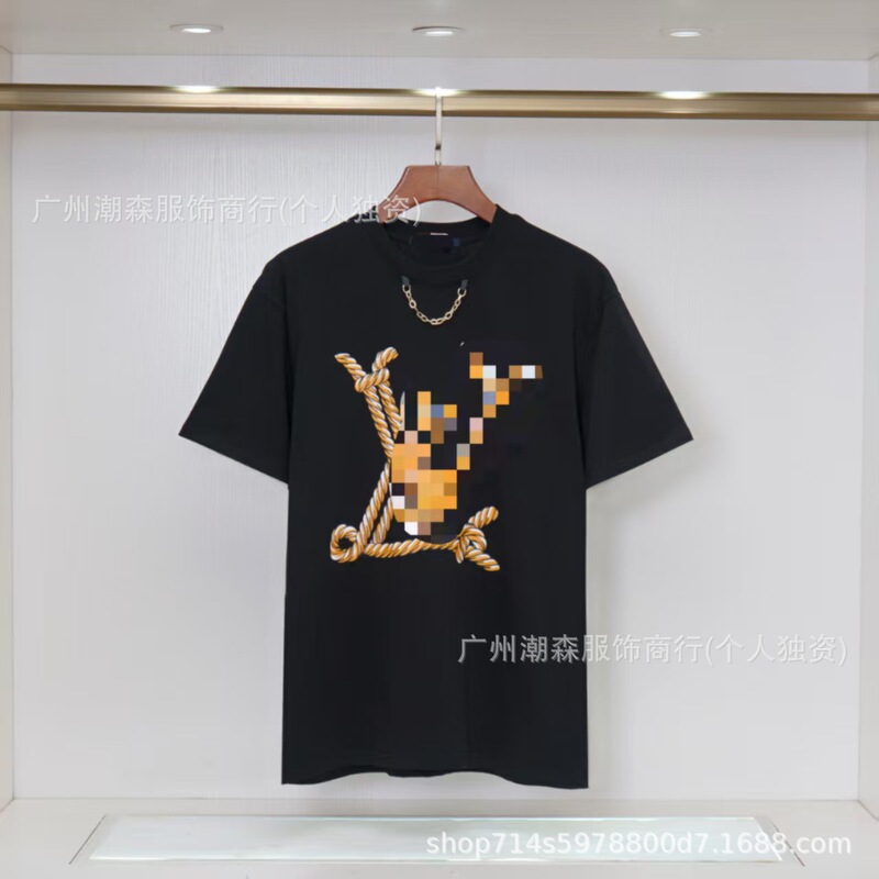 现货跨境奢潮驴家高品质L满印字母短袖外贸经典款圆领男女宽松T恤|undefined