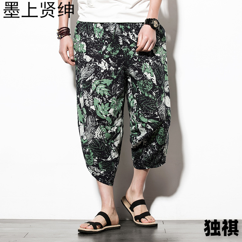 Verano japonés de talla grande para hombres pantalones cortos de lino impresos de estilo étnico estilo chino pantalones de bombachos de pierna ancha sueltos de talla grande