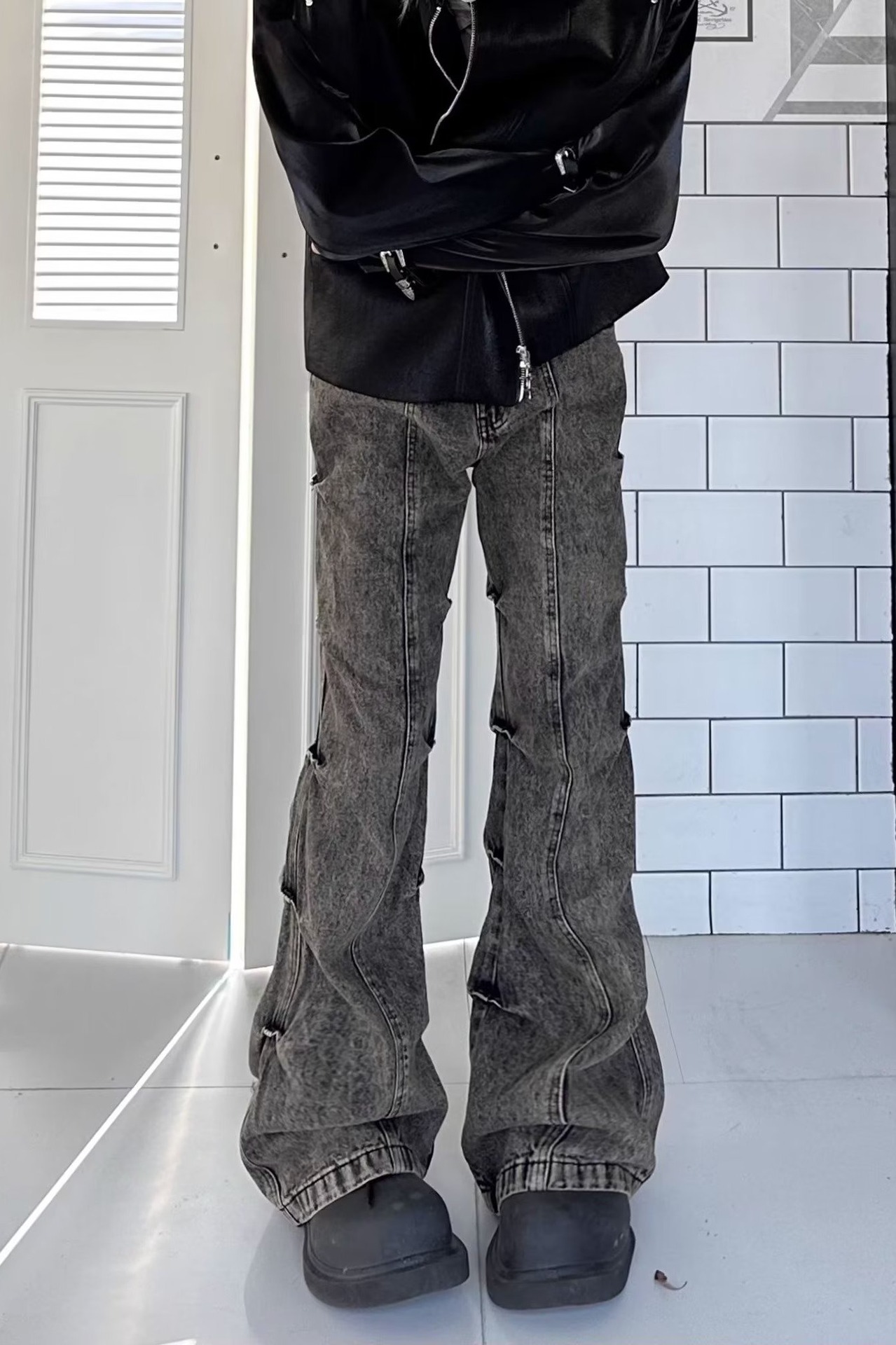 American High Street Vintage Worn-out Earth-tone Washed Pleated Flared Jeans Men's Wide-leg Trendy Long Pants_mkmklike.com