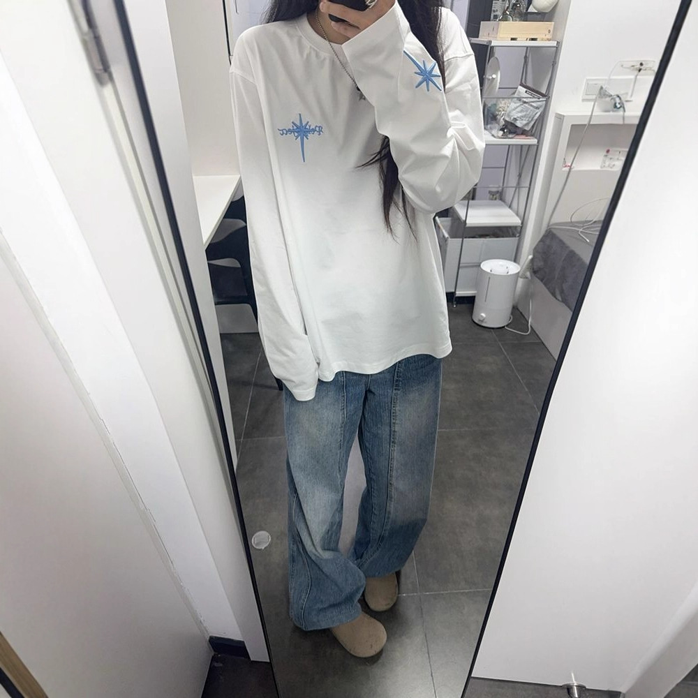 자수 별무늬 루즈핏 스웨트셔츠 남녀공용 트렌디 브랜드 긴팔 티셔츠 커플룩 남성 이너웨어 레트로 커플룩 롱티셔츠