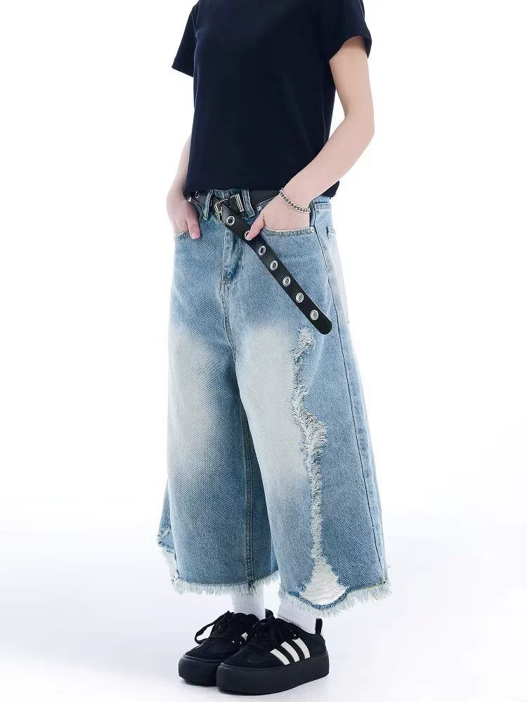 Denim skirt, thin pleated skirt, trousers, summer clothing, high waist, loose fit