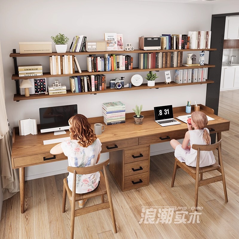 Solid Wood Desk with Drawer Wall Bookshelf Storage Rack Wall Computer Desk Study Study Table Student Home