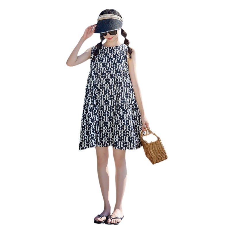 Corea del Sur ropa para niños rombo impreso vestido de las muchachas 2024 verano nueva Alta Calidad niña falda sin mangas moda