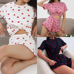 夏季显瘦新款睡衣甜辣妹圆领爱心印花柔软短袖女家居服休闲两件套
