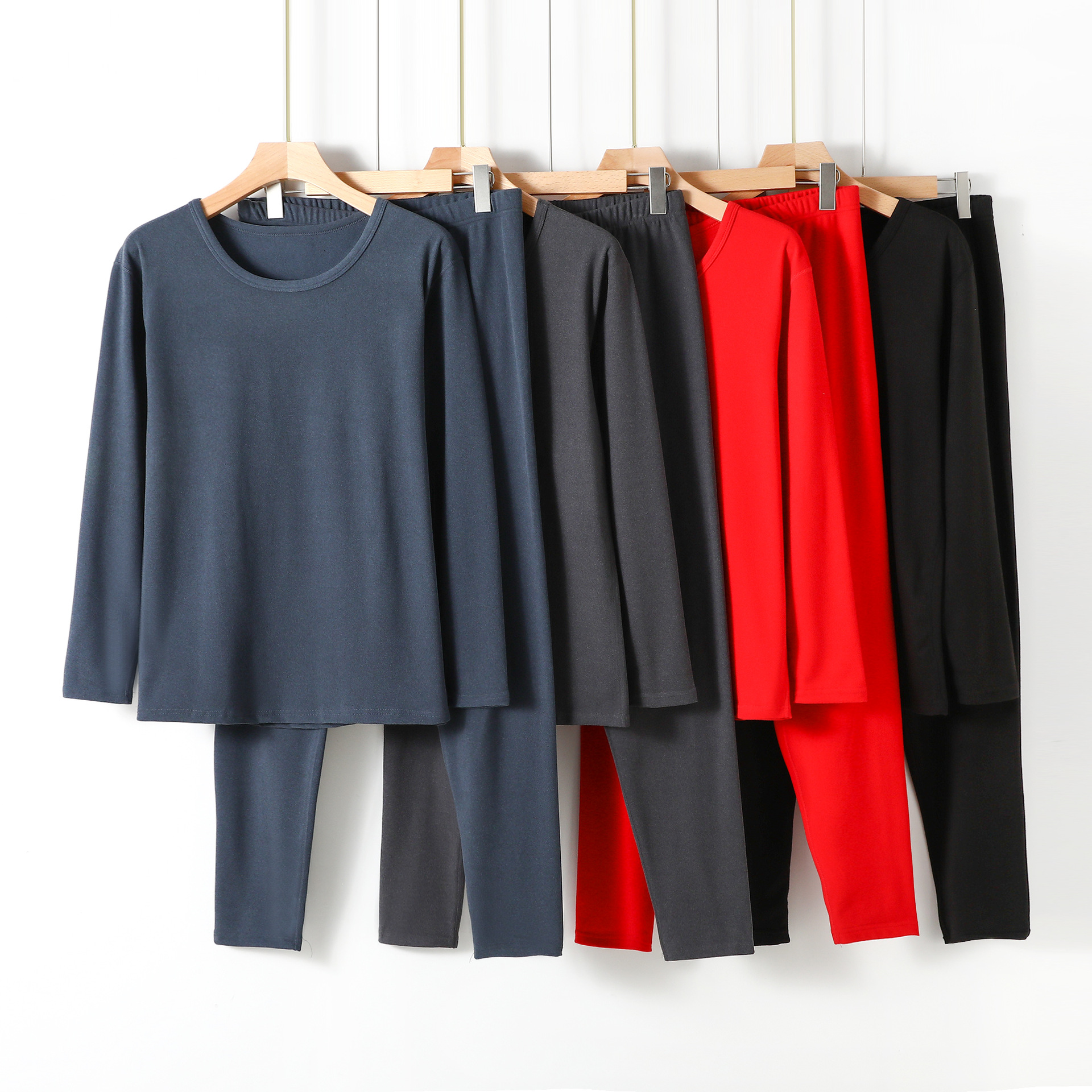 Men's Velvet Crewneck Long-sleeved Pants Thermal Underwear Set Large Size Autumn and Winter Thickened Double-sided Velvet Base Two-piece Set