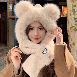 Autumn and winter imitation fox fur hat warm plush cute bear hooded one-piece wind-proof cap cycling warm ear protection cap