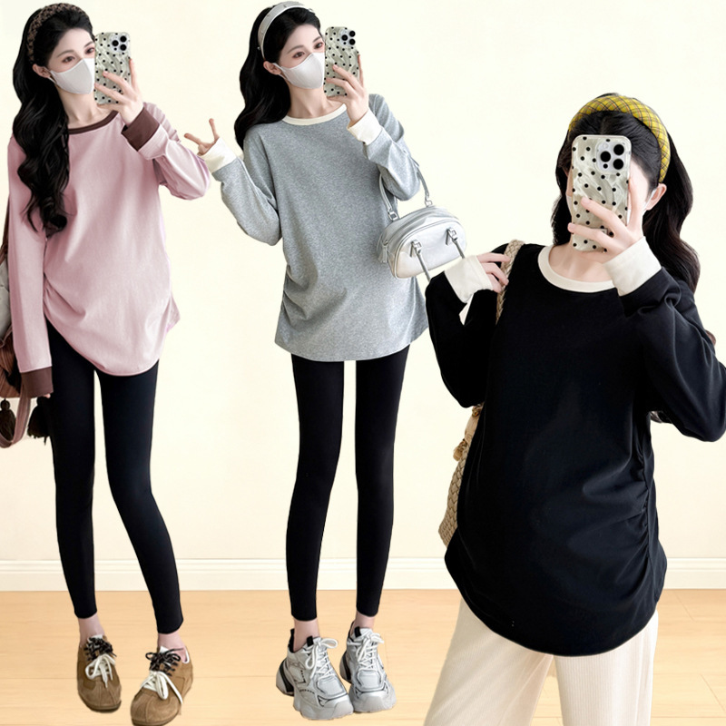 Maternity Wear Trendy Color-Block T-Shirt Autumn and Winter Thermal Velvet High-Waisted Belly Support Leggings Trendy Set