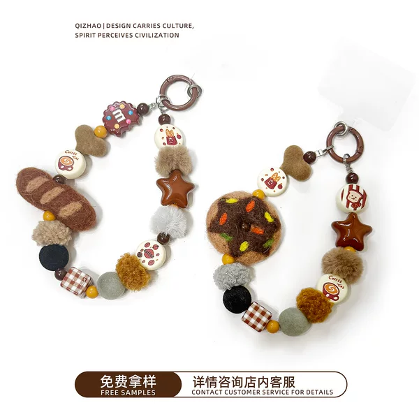Qizhao Maillard Winter Felt Baguette Donut Bread Phone Chain Handmade Beaded Bag Charm Holiday Gift