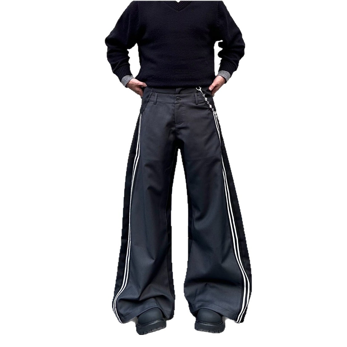 Men's Casual Pants Retro Double Waistband Spliced Curved Blade Loose Long Trousers_mkmklike.com