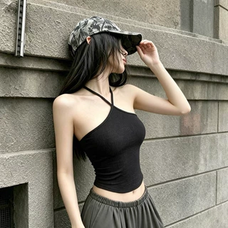 149#夏季新款辣妹风大露背挂脖拼接背心显瘦修身女固定带胸垫上衣
