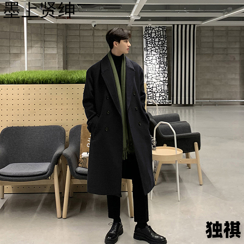 2023 New Style Double-Breasted Men's Mid-Length Autumn/Winter Thickened Trench Coat with Korean Style Wool Coat