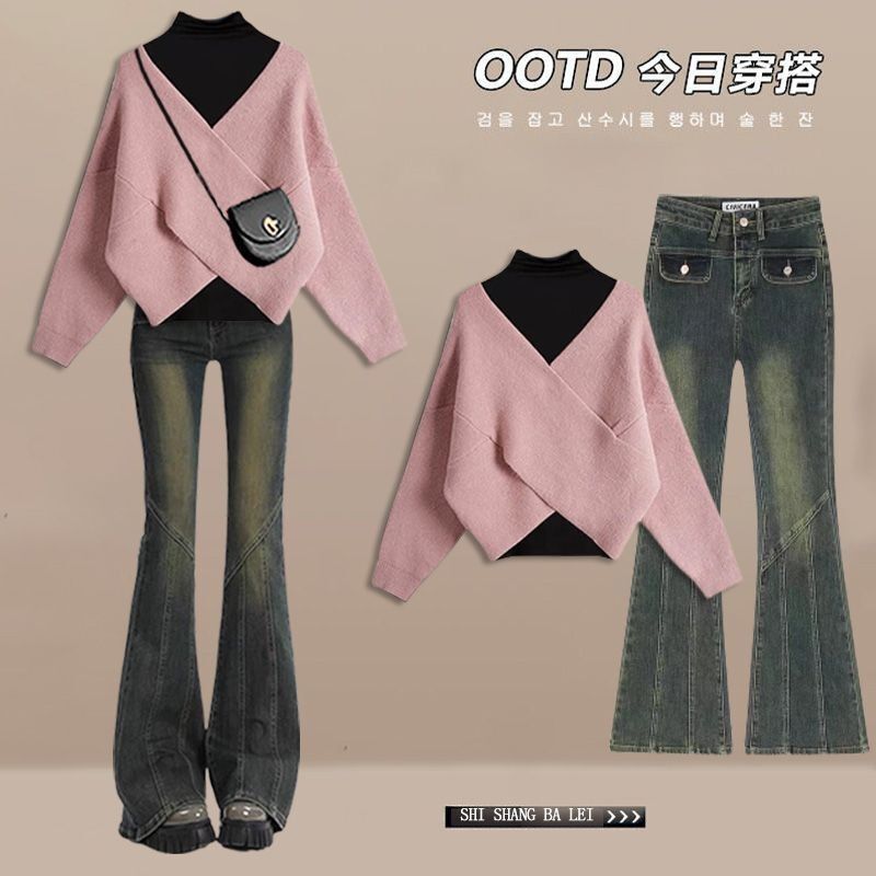 Autumn and winter clothes with a set of 2024 new tea cross sweater base shirt micro-jeans two-piece suit
