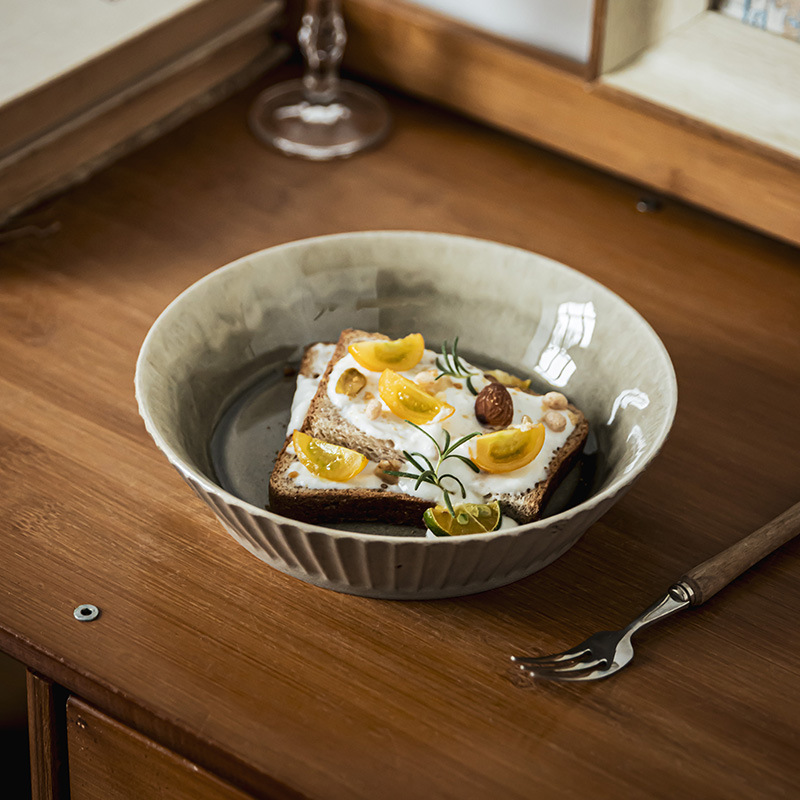 Japón estilo retro cerámica vajilla de alta sensación horno verdura tazón en relieve vertical casero ensalada de frutas tazón de postre tazón