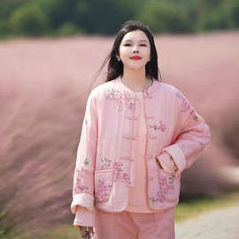 2025冬季新款文艺复古苎麻刺绣棉服女圆领夹棉短款宽松棉衣外套