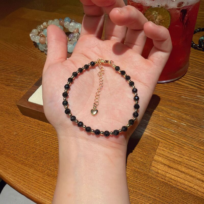 Thin Natural Black Tourmaline Bracelet with Small Beads Spaced Out, Adjustable Tail Chain, Simple Protective Energy Crystal Bracelet Thin Natural Black Tourmaline Bracelet with Small Beads Spaced Out, Adjustable Tail Chain, Simple Protective Energy Crystal Bracelet