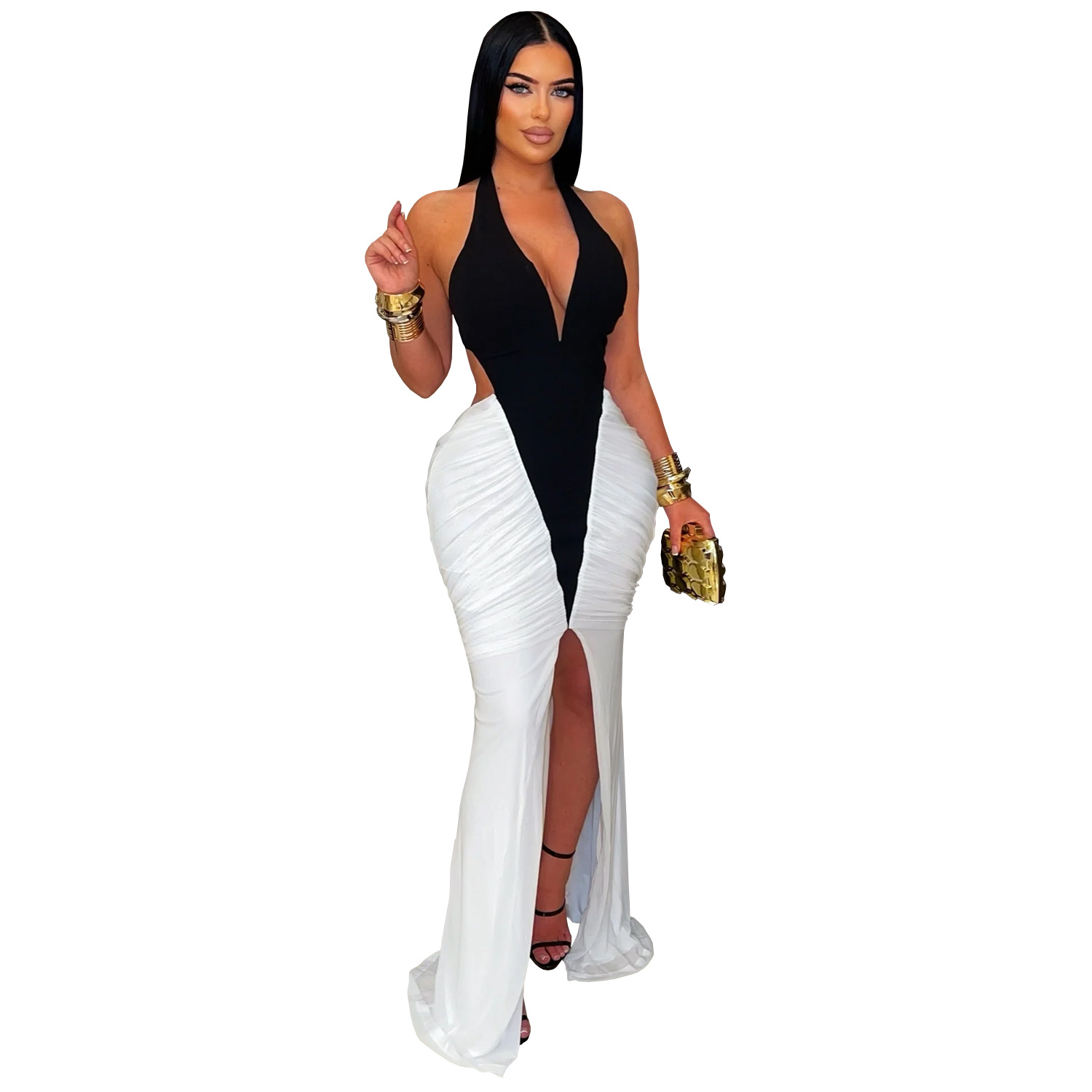 C7573 Aliexpress transfronterizo amazon ropa de moda europea y americana de mujer sexy v collar brazo bifurcado vestido de espalda