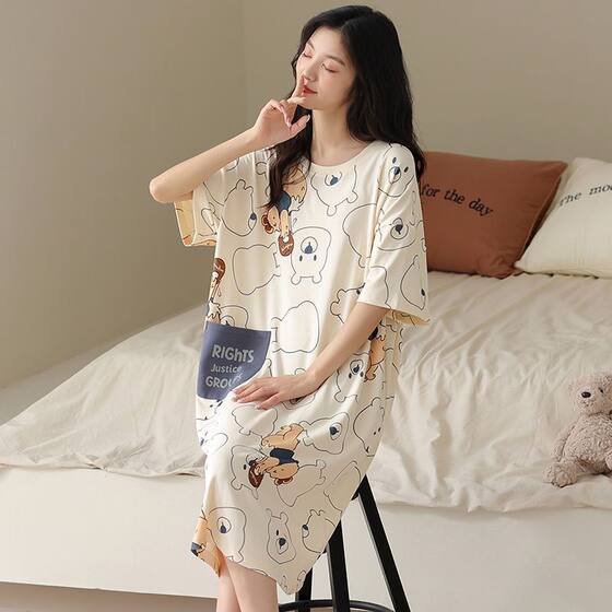 2025 New Nightgown for Women, Summer Short-Sleeved Pajamas, Long Cute Cartoon Pregnant Women, Internet Celebrity Style Outer Wear Home Clothes