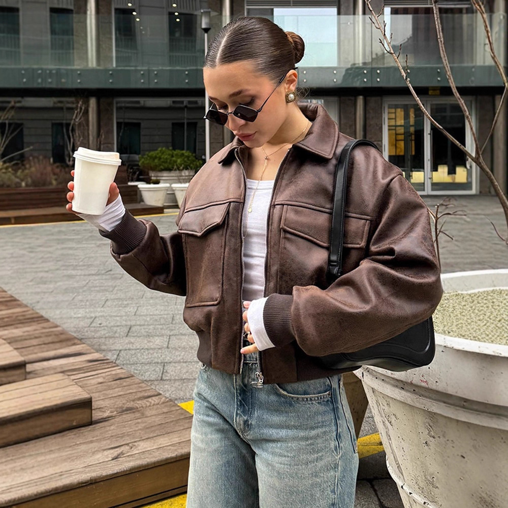 Cross-Border Aliexpress Women's Clothing 2025 Autumn New Fashion Simple Imitation Leather Large Flap Pocket Pants Bomber Jacket for Women