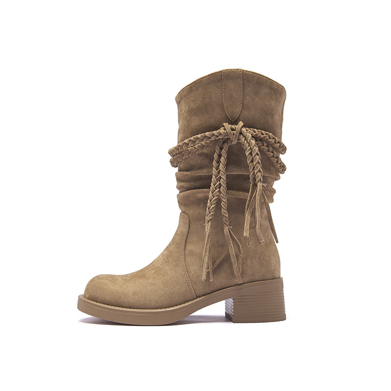 Botas cortas marrones Augusden para mujer, nueva colección primavera/verano 2026, botas holgadas adelgazantes estilo retro desértico con borlas para montar a caballo image 5