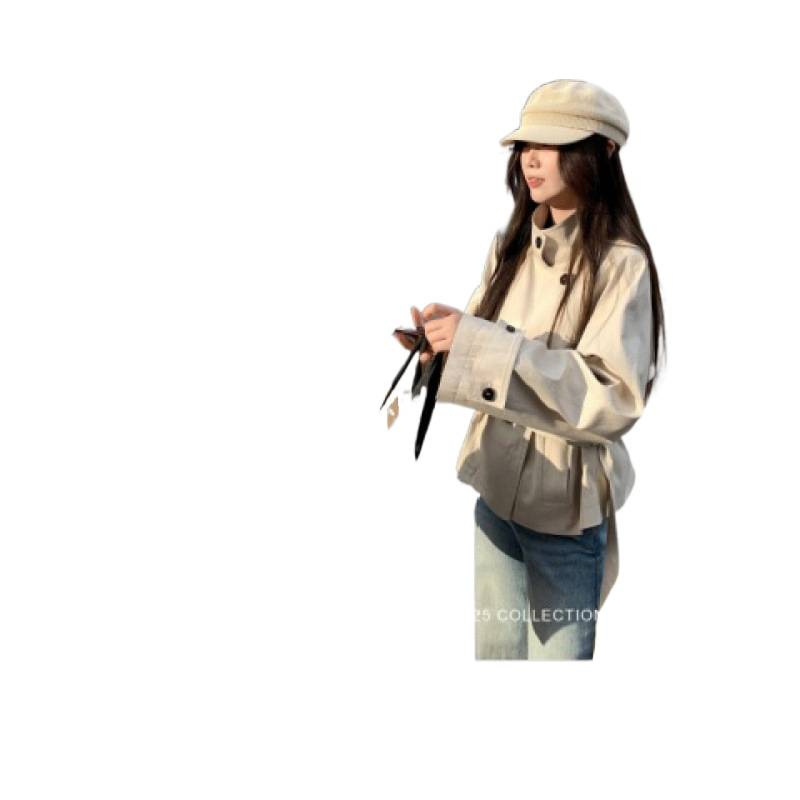 外卖到了首尔假日早秋韩系短款风衣外套女英伦风立领收腰外套|undefined