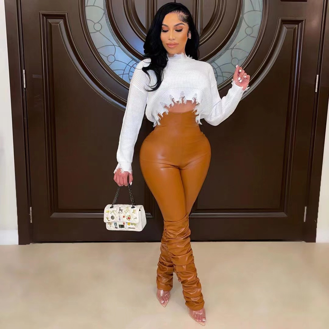 high waist elastic tight solid color PU leather pants NSWDS120019