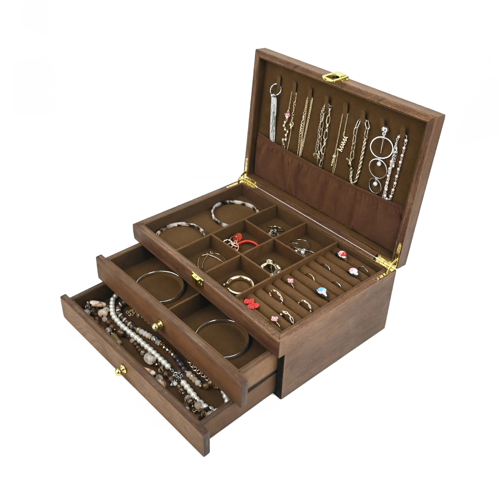 现货黑胡桃双层手表盒复古家用位手表木盒木质饰品耳钉收纳展示盒