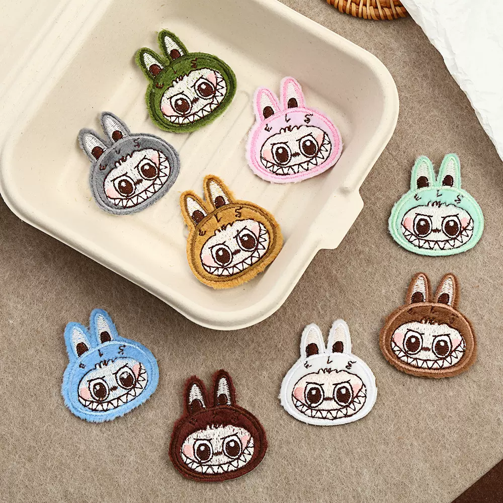 多色邪恶拉布布大头热熔胶布贴儿童服装箱包装饰绒底刺绣补丁贴