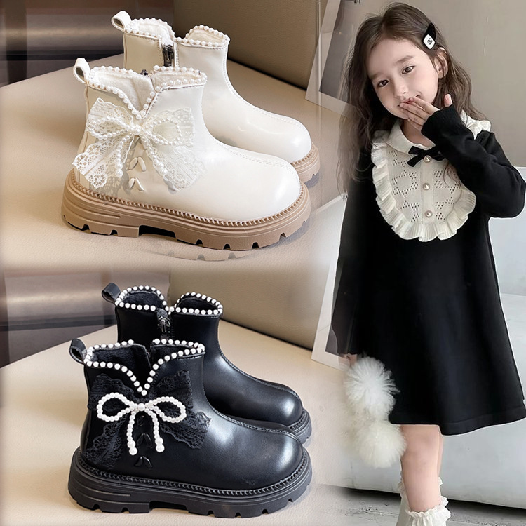Girls' Boots Fleece-Lined Cotton Shoes 2025 Autumn and Winter New Style Kidsren's Medium and Large Kidsren's Princess Short Boots Black Boots