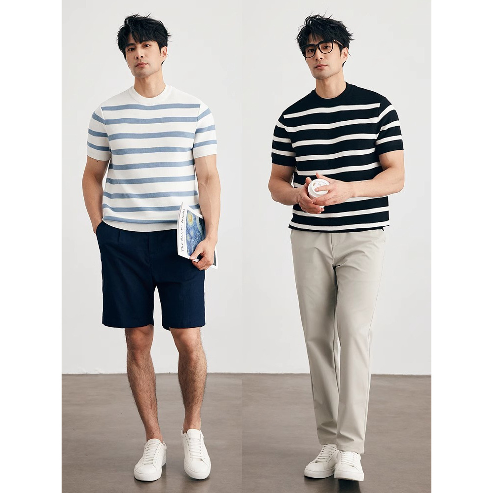Prendas de punto de manga corta a rayas para hombres, seda de hielo de verano, traje delgado de negocios británico, camiseta interior, comercio exterior, venta al por mayor transfronteriza