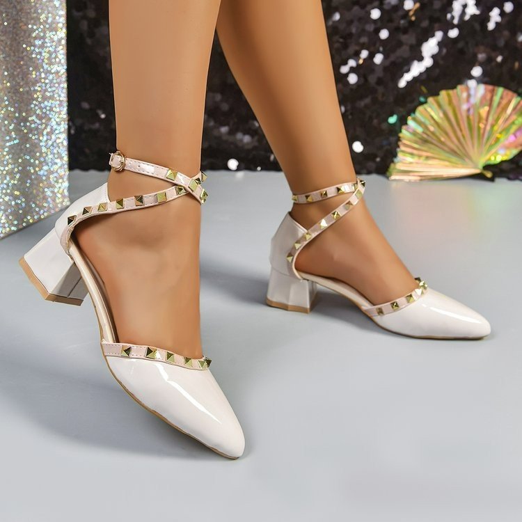 Sandalias Puntiagudas de Tacón Alto con Remaches de Tela y Caucho, Tacón Grueso, para Verano image 3