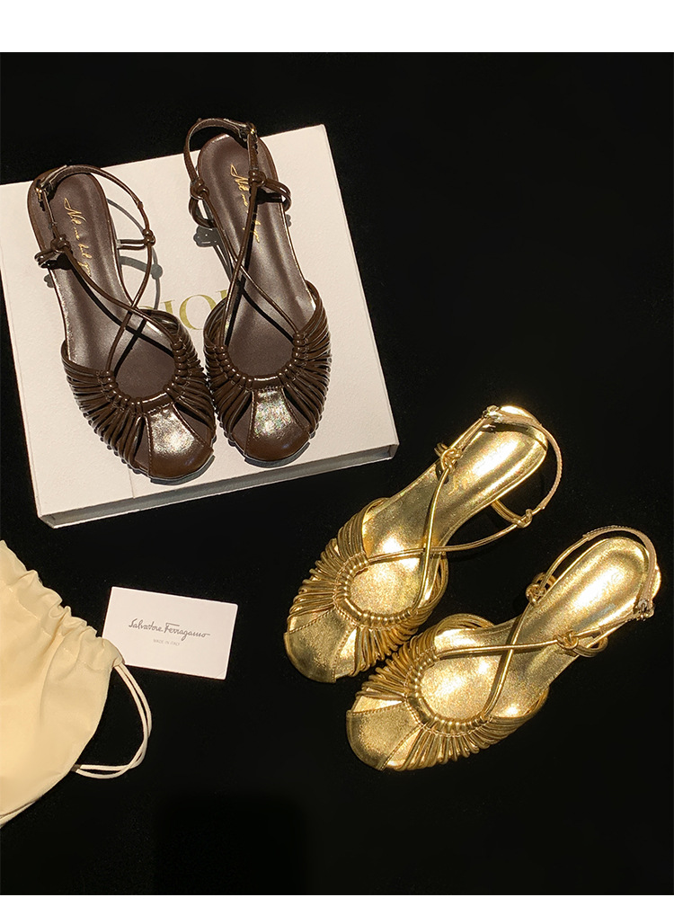 Sandal nữ quai mảnh buộc chéo gót trung bình phong cách Hàn Quốc — màu nâu chi tiết 21