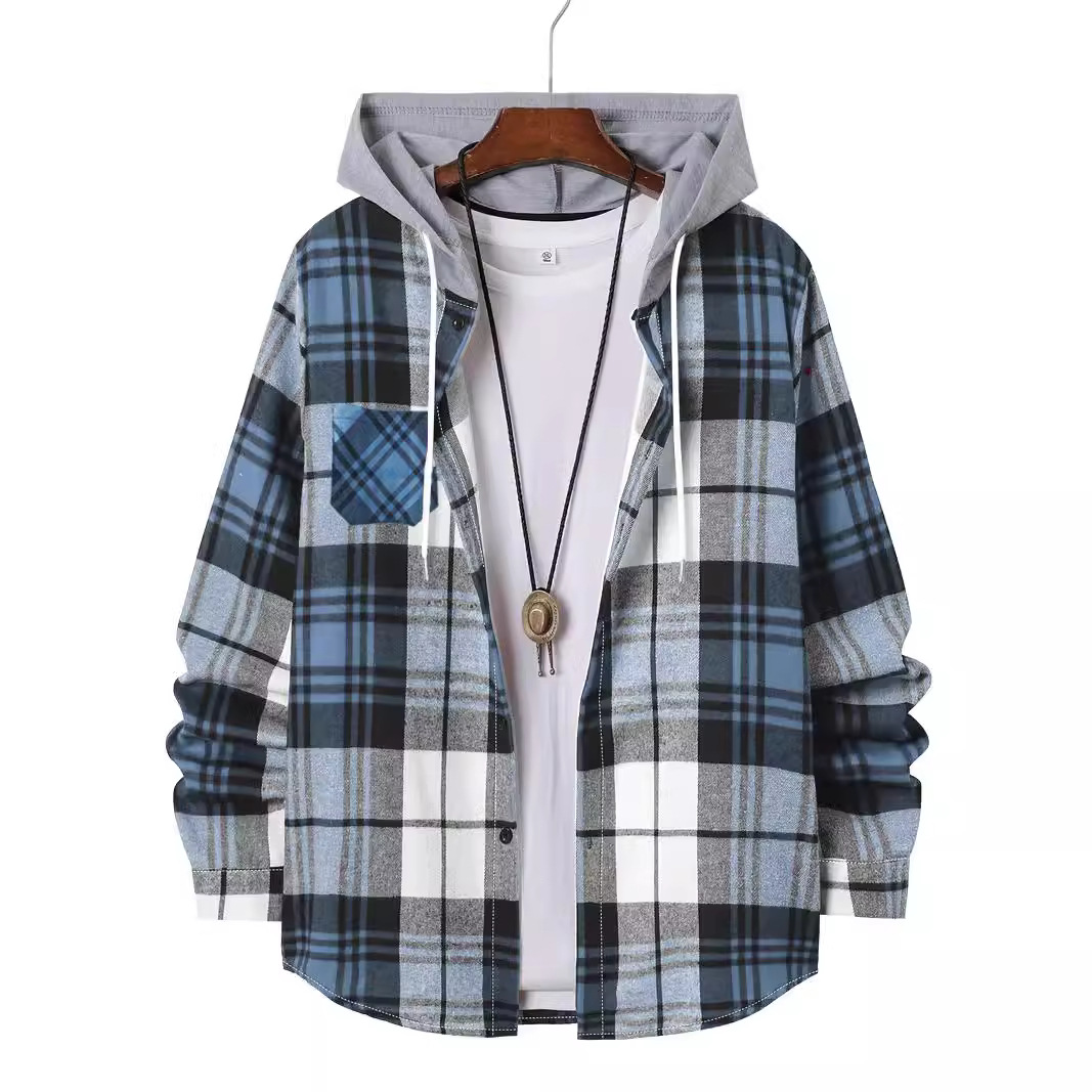 Monochrome Man- Cross-Border European American Men's Spring And Autumn Casual Cotton Blend Hooded Long-Sleeve Plaid Shirt_voghion.com
