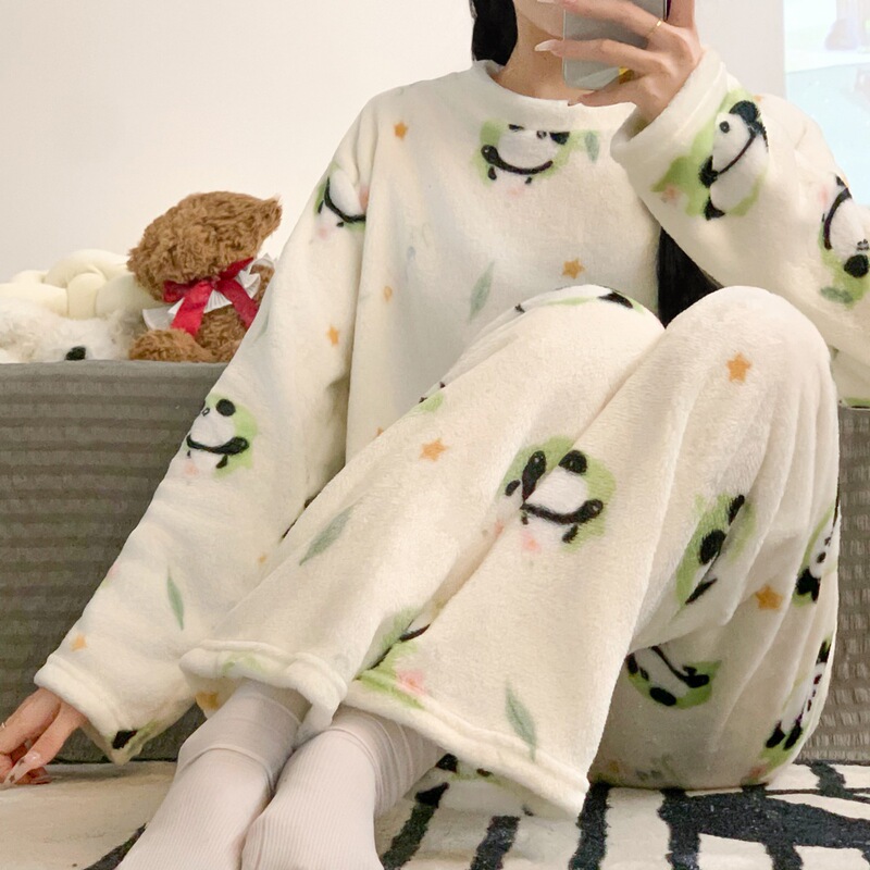 Ins Style Fleece-Lined Thickeneded Coral Velvet Winter Pajamas for Women in Autumn and Winter Cute Student Home Clothes Set That Can Be Worn Outside