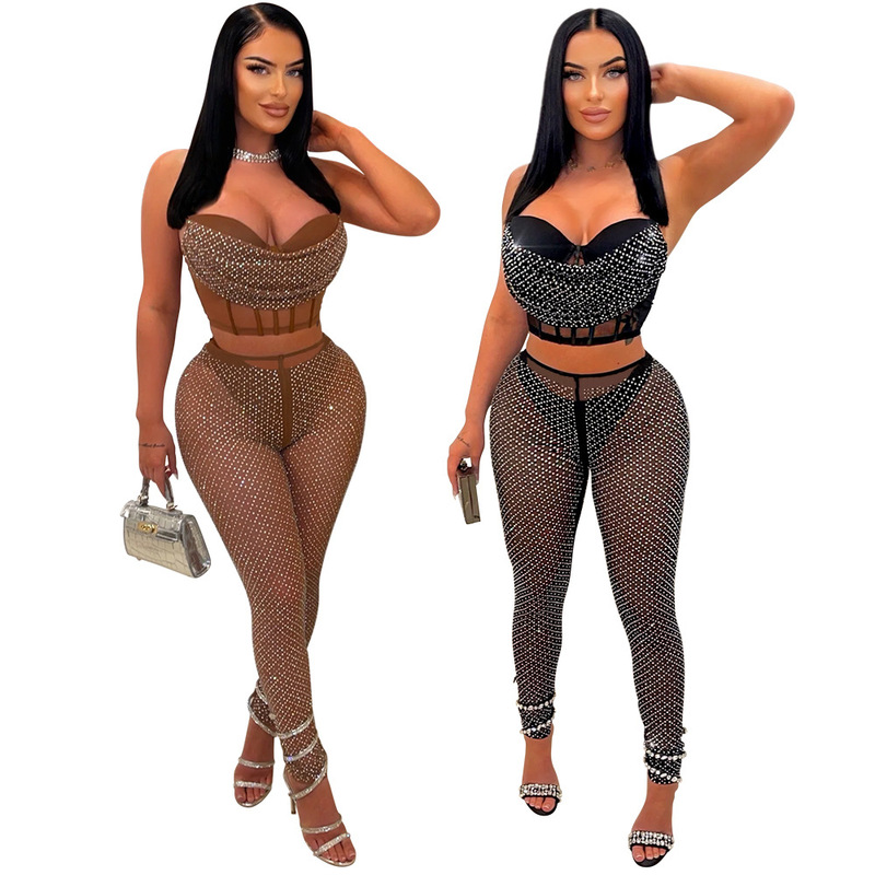 CY900659 European and American sleeveless strap top with slim pencil pants hot drilling suit for women CY900659 European and American sleeveless strap top with slim pencil pants hot drilling suit for women