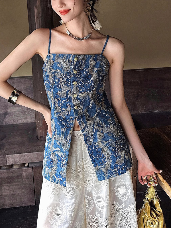 现货【泛灵】 新中式牛仔吊带背心女夏外穿新款无袖上衣吊带背心|undefined